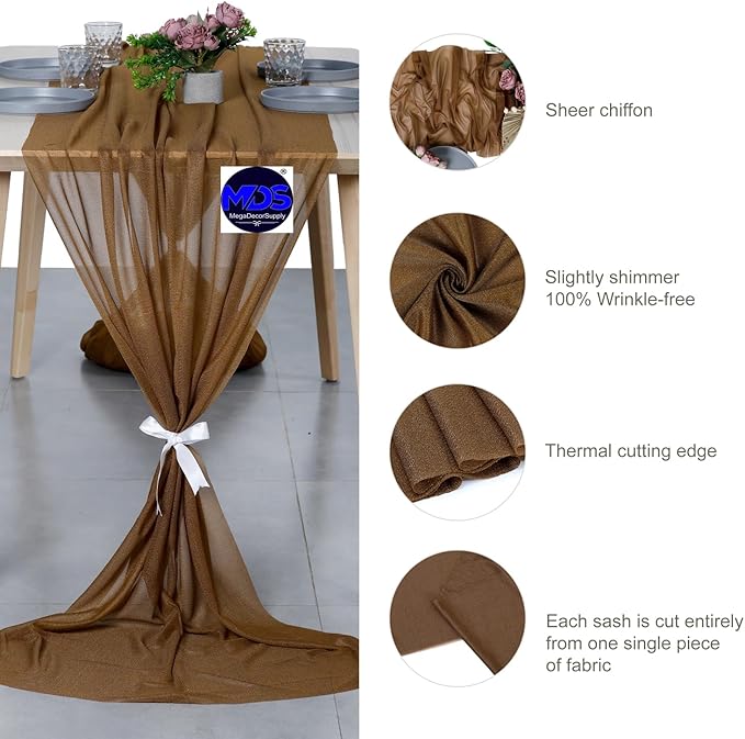 MDS 15 Pack 10ft Chiffon Table Runner 29 x 120 Inches Sheer Wedding Runner Romantic Rustic Table Runner for Wedding Decorations, Birthday Parties, Bridal Shower Party Arch Decor - Mocha