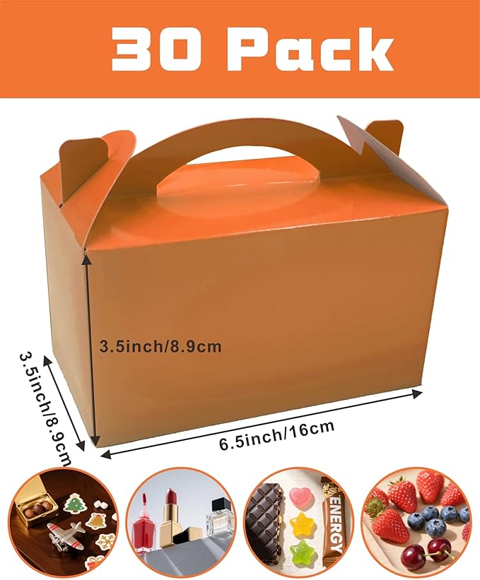 30-Pack Sunset Orange Gable Treat Boxes with Handles, 6" Pop-Up Party Favor Gift Boxes for Birthday,Wedding,Baby Shower, Eco-Friendly Candy, Cookie, Goodie Bags for Kids, Bachelorette Decor