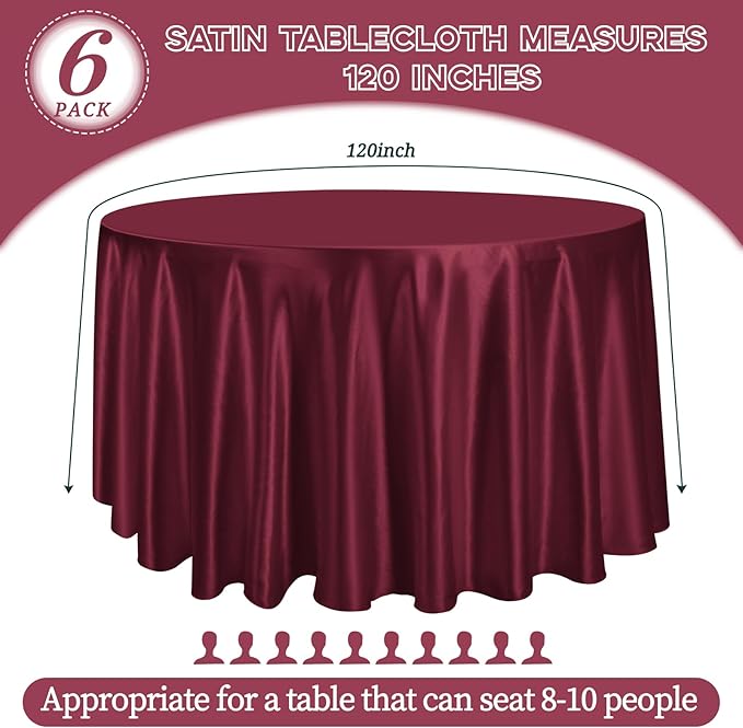 fani 6 Pack 120 Inch Burgundy Satin Tablecloth - Premium Bright Silky Round Tablecloth Overlay Smooth Fabric Table Cover, Table Decoration for Wedding Party Banquet Events Restaurant Kitchen Dining
