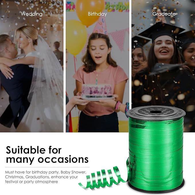 Green Metallic Ribbon - Iridescent Crimped, 500 Yards for Crafts, Gift Wrapping, Balloons, Florist (1 Roll)