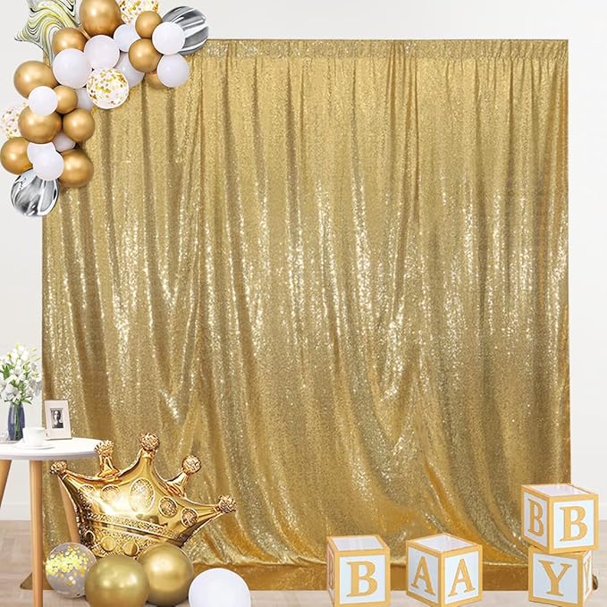 SquarePie Sequin Backdrop Curtain Less See Through Thick Glitter Background for Party 8FT x 10FT Gold