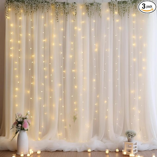 10ft x 10ft Cream White Chiffon Backdrop Curtain with Lights String for Parites Wedding Wrinkle Free Curtain Photo Backdrops Drapes for Baby Shower Birthday Party Home Decorations