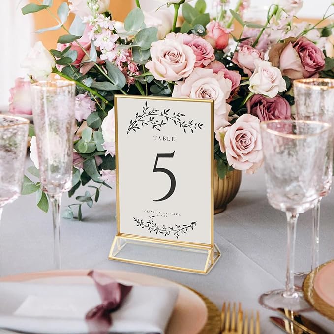 HOODO 8 Pack 5x7 Acrylic Table Number Holders with Golden Border, Double-Sided Clear Acrylic Sign Holder Gold Picture Frames Sign Holder, Vertical Stand (5"x7"-8 Pack)
