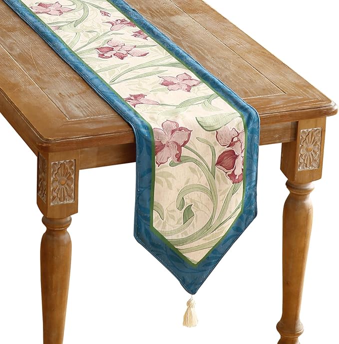 patdrea Designer Elegant Bright Linen Table Runner 102 Inch Long, Mauve Iris Floral Pattern Table Mat, Decoration for Kitchen Dining Table Coffee Table Shelf Cabinet Banquet Christmas ,12"*102"
