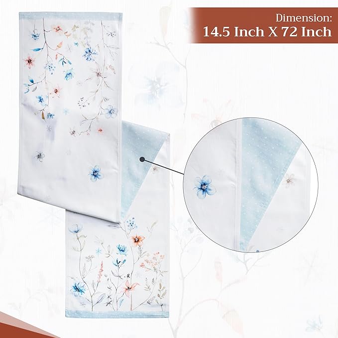 Maison d' Hermine Table Runner 100% Cotton Double Layer Table Runners 72 inches Long for Thanksgiving Christmas Decorations Home Kitchen Dining Party Wedding (Ice Florals, 14.5" x 72")