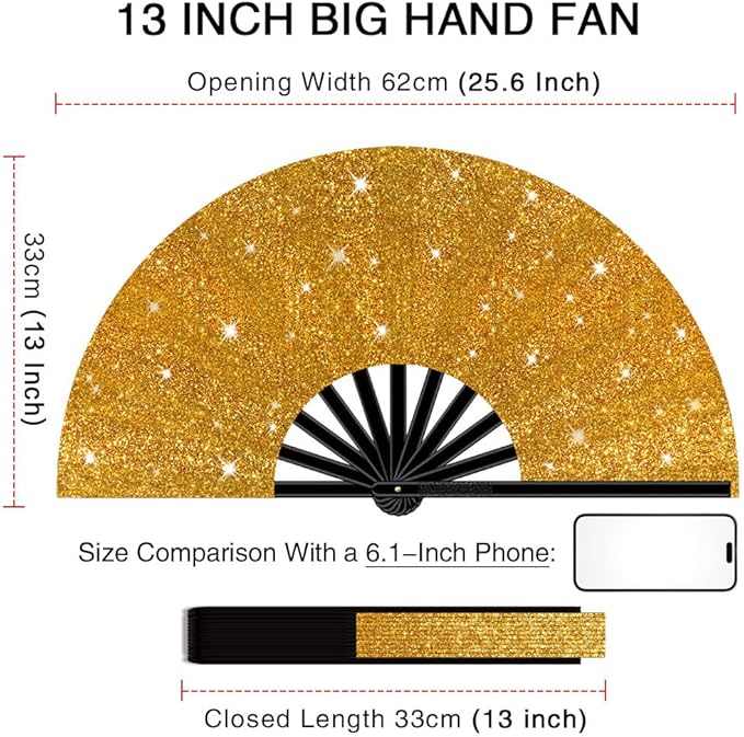 13" Large Folding Rave Fan with Holster, Clack Hand Fans Foldable for Line Dancing, Boots On The Ground Fan for Women Men Festival EDM Party Decoration, Glitter Glod 2 Pack
