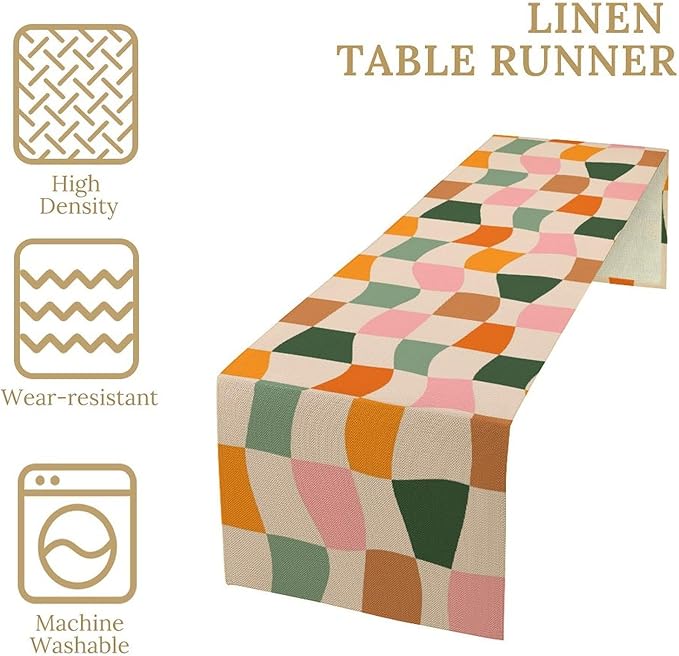 Hippie Table Runner, Vintage Geometric Square Orange Green Pink Grid 60s 70s Style Kitchen Dining Room Decor for Indoor Outdoor Wedding Party Table Runner 13x36 Inch