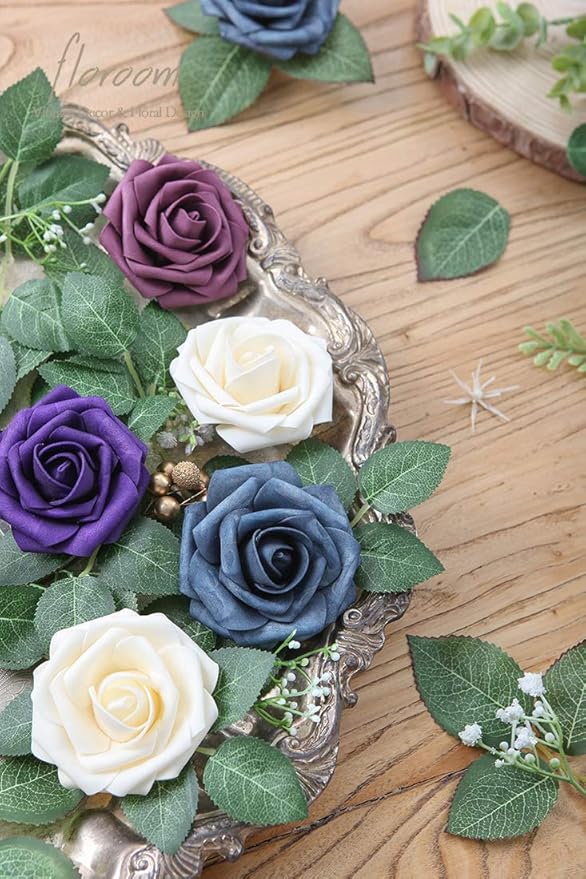 Floroom Artificial Flowers 25pcs Real Looking Champagne Foam Fake Roses with Stems for DIY Wedding Bouquets Bridal Shower Centerpieces Floral Arrangements Party Tables Home Decorations