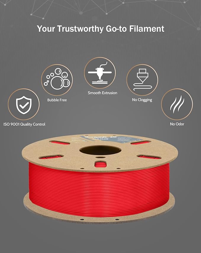 DURAMIC 3D PLA+ Filament 1.75mm 1Kg Red, PLA Plus Filament 1Kg Spool(2.2lbs) Tougher and Stronger, Dimensional Accuracy Probability +/- 0.02mm