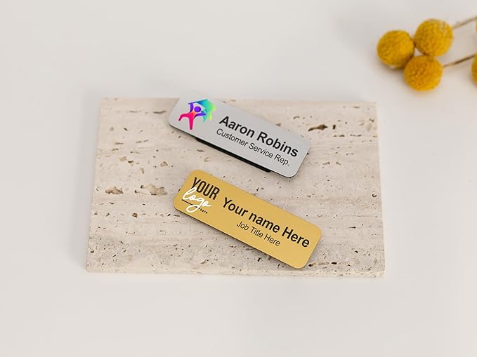 Personalized Name Tag Badges Identification Customized with Text & Logos, Acrylic Name ID for Clothing with Pin or Magnetic Backing, Gold & Silver Plates for Business or Employees