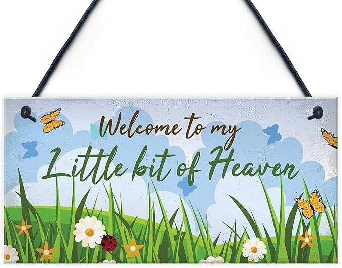 Rustic Wooden Signs Welcome to My Little Bit of Heaven Hanging Garden Sign Shed Summerhouse Wood Sign Wall Art Decor Kitchen Cafe Pub Decor Gift 6x12 INCH