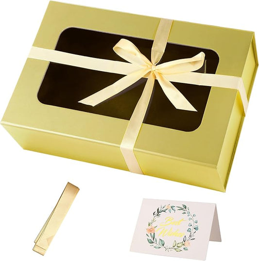 TIACABO Gold Large Gift Box with Window, 13.5"x9"x4.3" Bridesmaid Boxe for Gifts Giving,Birthday Gift Boxes with Magnetic,Closure Lid Gifts Box for Presents,Cute Boxe,Luxury for Gift Packaging