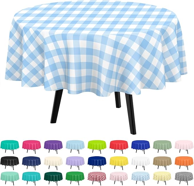 QIKSION Blue Gingham Round Tablecloth 2 Pack, 84 Inch Plastic Checkered Table Cover Disposable for Parties
