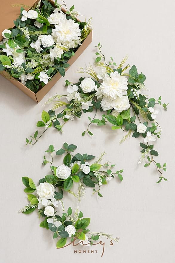 Ling's moment 9FT Flower Garland for Backdrop Decorations - Wedding Arch Flowers, Eucalyptus & Rose, Artificial Floral Garland for Mantle - Sweetheart Table Decor for Ceremony Reception, Lily White
