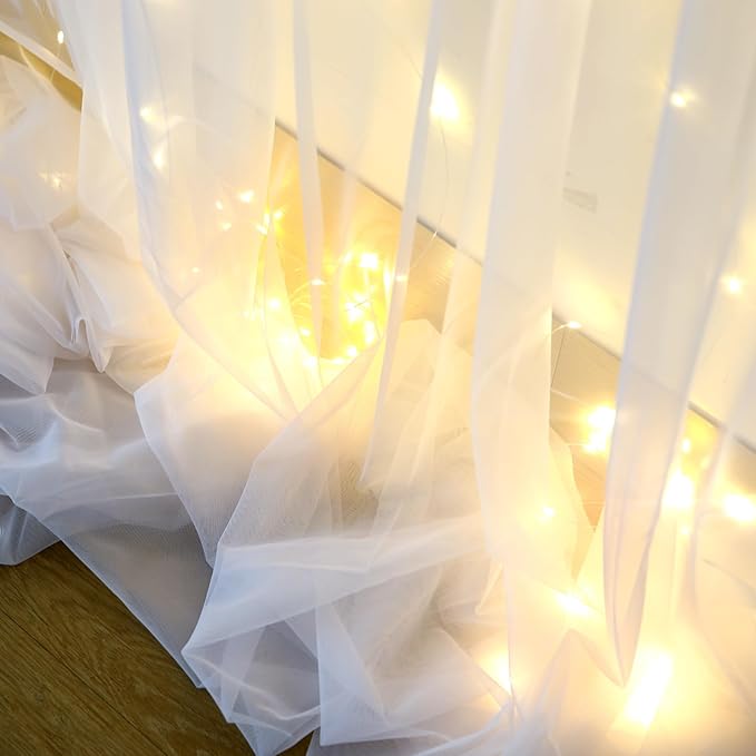 Suppromo White Tulle Backdrop Curtain with Lights String for Parites 20×8ft Sheer Curtains Wedding Baby Shower Birthday Party Photo Shoot Decorations(4 Panels 5ft×8ft)