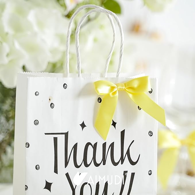AIMUDI Yellow Bows 2.5" Satin Bows with Twist Tie Premade Craft Bows for Treat Bags Cake Pop Gift Wrapping Basket Wedding Favors Cookie Candy Bagging Baby Shower - 50 Counts