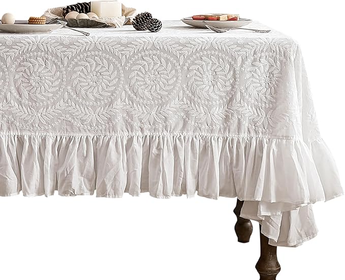 patdrea Vintage Ruffle Tablecloth for Rectangle Tables,Farmhouse Embroidered Cotton White Lace Table Cloth Cover Decor for Dining Room Wedding Banquet Thanksgiving Christmas,63"*98"