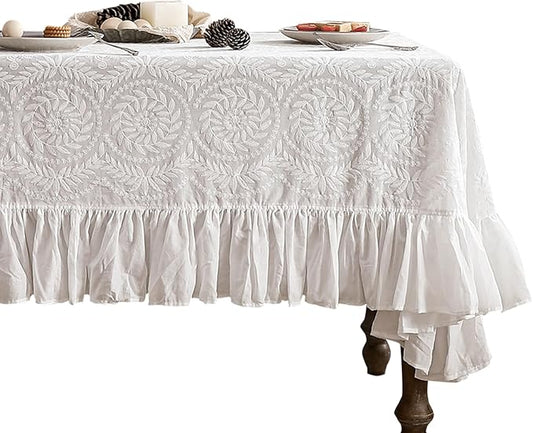 patdrea Vintage Ruffle Tablecloth for Rectangle Tables,Farmhouse Embroidered Cotton White Lace Table Cloth Cover Decor for Dining Room Wedding Banquet Thanksgiving Christmas,67"*106"