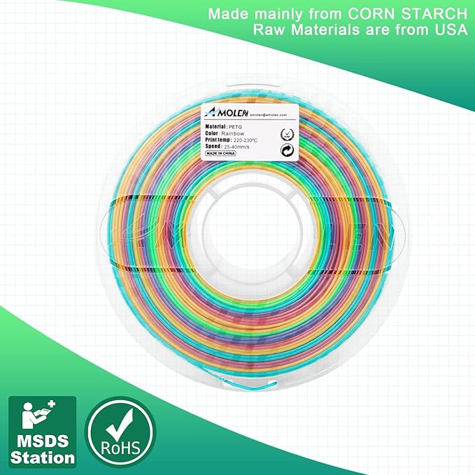 AMOLEN PETG 3D Printer Filament 1.75mm Gradient Rainbow PETG Multicolor Rainbow 1KG/2.2lb
