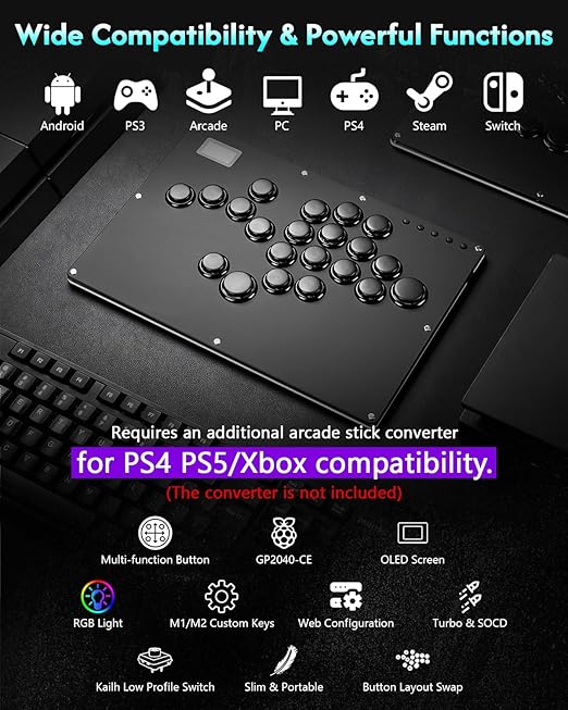 GuileKeys Leverless Controller Arcade Stick GK-21, All-Button Arcade Controller 21Keys for PS4/PS3/PC/Switch(PS5 w/Converter), Arcade Fight Stick with RGB/Turbo/Hot-Swap/Low Profile Switch Black