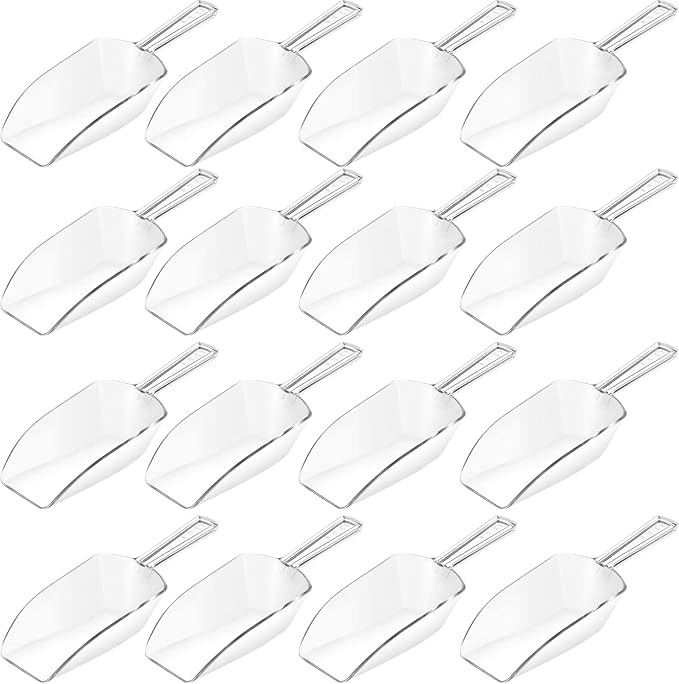 Hestya 16 Pcs Christmas Multi Purpose Clear Plastic Scoops for Candy Buffet Acrylic Kitchen Ice Food Popcorn Scoops for Protein Powders, Ice Cream, Coffee, Tea Jar (4.3 Inch)