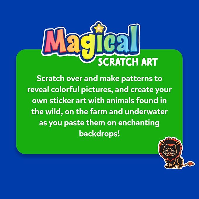 Skillmatics Scratch Art Book for Kids - Animals, Craft Kits & Supplies, 30+ Scratch Stickers, Travel Toys, DIY Kit, Gifts for Boys & Girls Ages 3, 4, 5, 6, 7, 8