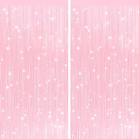 2Pack Pastel Pink Metallic Tinsel Foil Fringe Curtains, Pink Backdrop, Door Streamers Photo Booth Backdrop for Birthday Party, Tinsel Curtain Backdrop for Shower Bachelorette Xmas Party Decorations