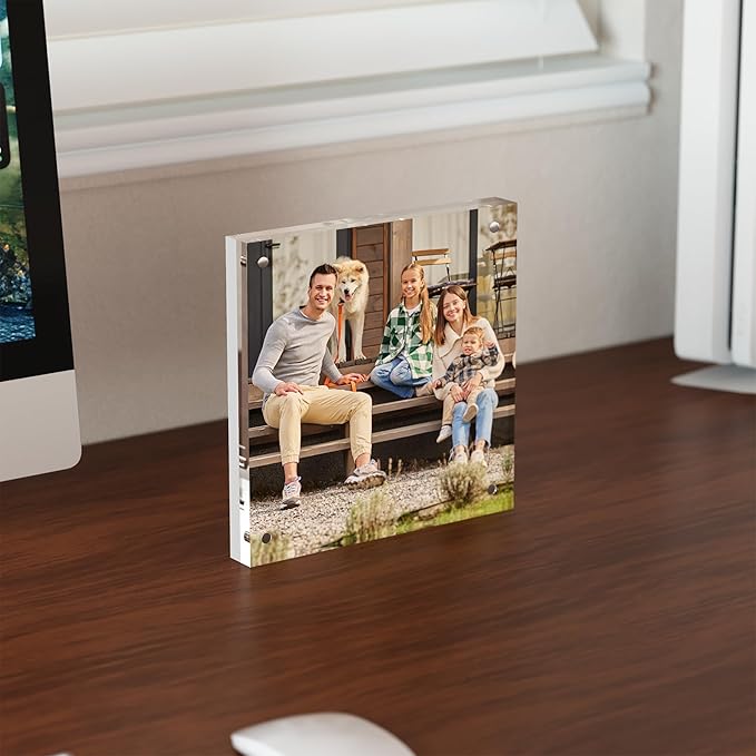 5x5 Acrylic Picture Frame 5 Pack, Clear Freestanding Double Sided Frameless Magnetic Photo Frames, Desktop Display Decor Gift