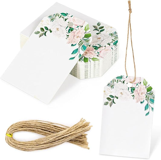 VGOODALL 40PCS Floral Gift Tags with String - Thank You Paper Tags for Baby Shower, Birthday, Wedding, Bridal Shower, DIY Gift, Party Favor Decor