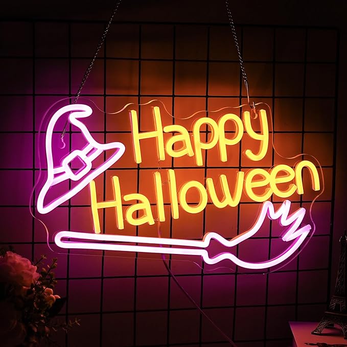 Happy Halloween Neon Sign Witch Hat Neon Sign Dimmable Broom Led Wall Decor Neon Lights Halloween Decorations for Home Spooky Party Kids Room