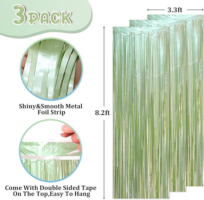 3 Pack 3.3 x 8.2 ft Sage Green Foil Fringe Backdrop Curtains, Tinsel Streamers Party Decorations, Door Shimmer for Baby Shower, Birthday, Martini Party Decorations