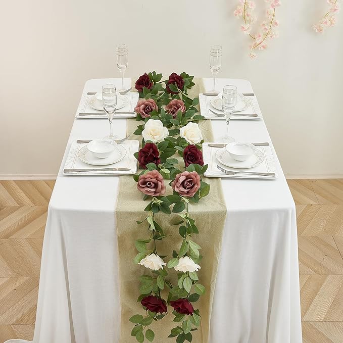 Burgundy Artificial Rose Garlands Rose Vines Leaves Banners Hanging Floral Garland Fake Rose Flower Vine for Wedding Arch Ceremony Home Garden Outdoor Party Wall Decorations