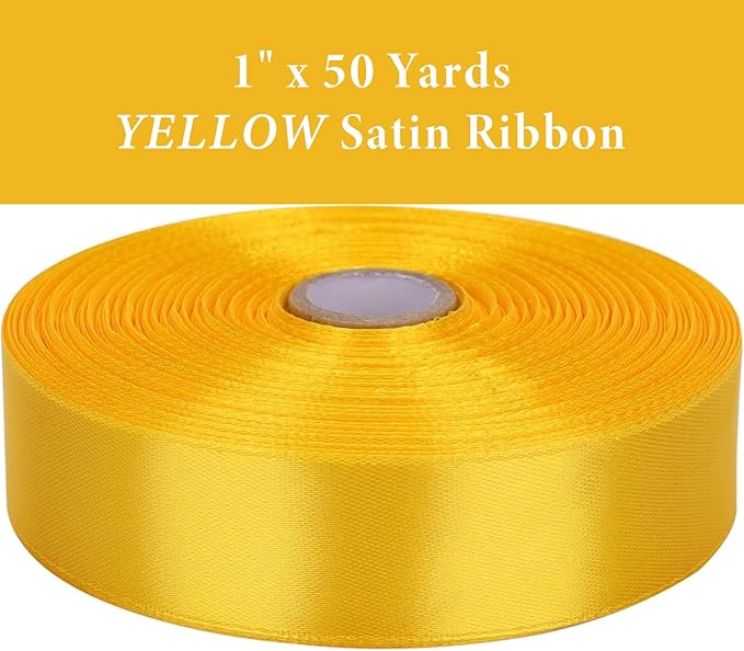 1" x 50 Yards Yellow Satin Ribbon Single Faced Fabric Ribbons for Gift Wrapping, Crafting, Bows Making, Flower Bouquet, Wedding, Home Decor