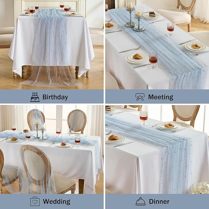 Fanami 1 Pack Pearl Table Runner -10FT Dusty Blue Boho Tulle Table Runners 120 Inches Long Rustic Sheer Lace Fabric Centerpieces for Wedding Arch Birthday Party Bridal Veil Baby Shower Decorations