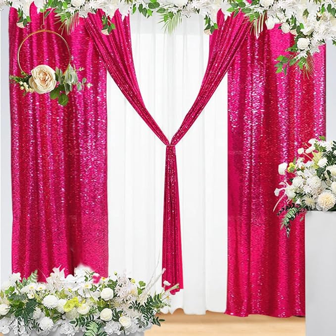Eternal Beauty Hot Pink Sequin Backdrop Curtains, Valentine's Day Shimmer Back Drop 2Panels-2FTx8FT for Christmas, Party, Birthday, Photography, Wedding, Baby Shower Event Decoration