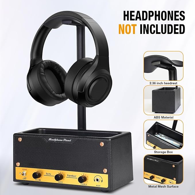 Headphone Stand with Cable Storage, Display Music Lovers' Decorative Items & Suitable Headphone Holder, Contains 1 Base 1 Support Rod 1 Headrest (Metal Texture Black)