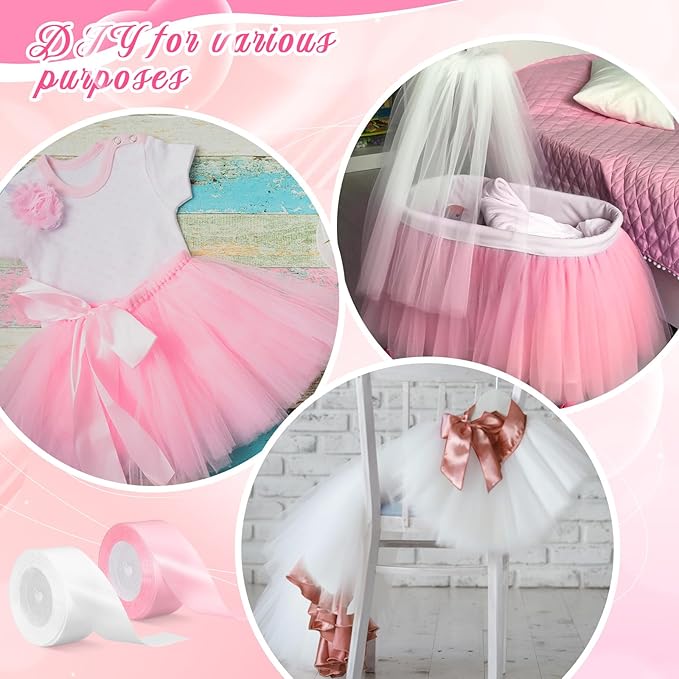 6 Pcs Tulle Fabric Rolls & Ribbon Set, Include Pink White Tulle Fabric Rolls 6 Inch by 100 Yards 3.9'' /1.5'' White Pink Ribbon for Wedding Bridal Shower Birthday Party DIY Tutu Skirt