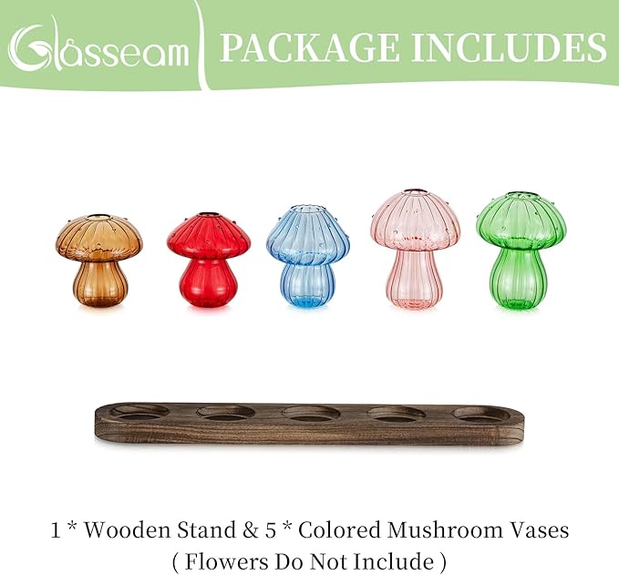 Glasseam Mushroom Plant Propagation Stations: Glass Terrarium Jars with Wood Stand - Unique Hydroponic Planters for Indoor Plants, Office Decor - 5 Pcs