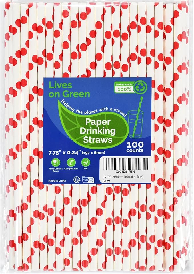 7.75'' x 0.24'' Red Polka Dots Disposable Paper Straws for Drinking, Compostable, 100 Counts - for Cocktail, Soda, Juice, Milk, Water