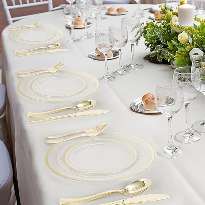 300PCS Clear Gold Plastic Plate Set (50 Guests), Disposable Dinnerware Set for Party, Wedding, Birthday - 100 Plates, 100 Forks, 50 Spoons, 50 Knives for Christmas, Thanksgiving