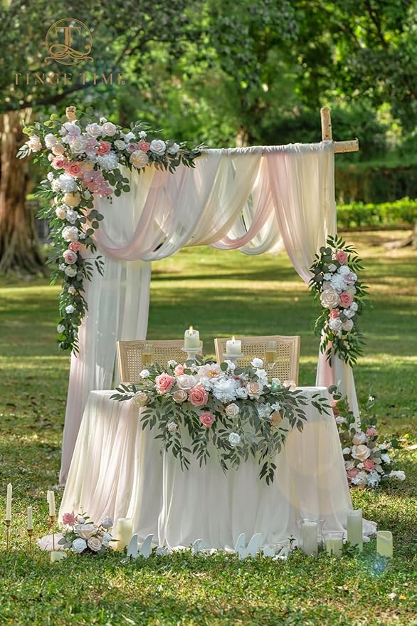 TINGE TIME Artificial Sweetheart Flower Swag with Table Cloth and Table Runner, Pack of 3 Floral Arrangement for Wedding Sweetheart Table Centerpiece Decoration (Dusty Rose & Champange)