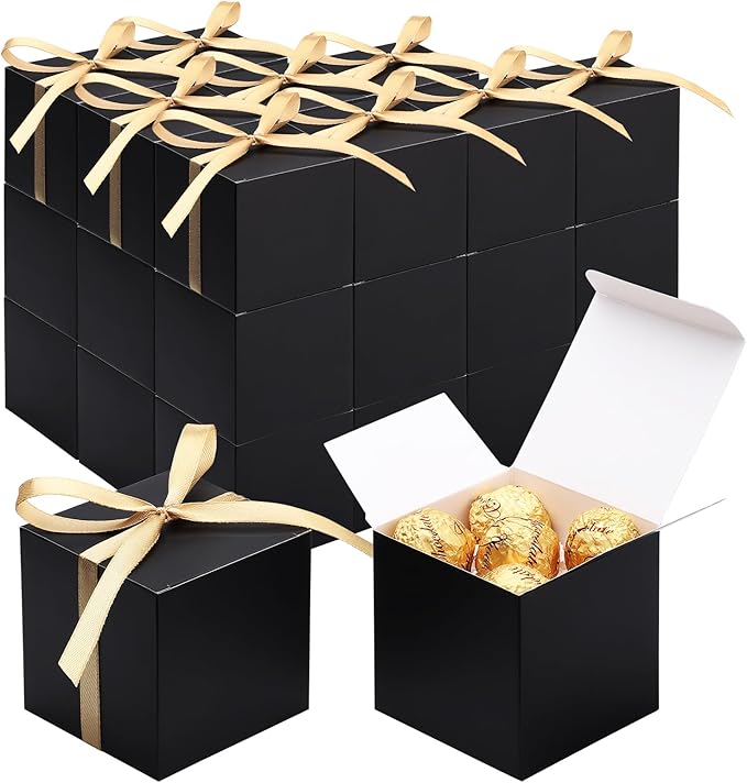 EUSOAR Candy Boxes Party Favors, 30pcs 3x3x3 Inches Black Gift Boxes Mini Bakery Cookies Box with Gold Ribbon, Square Paper Chocolate Containers for Wedding Birthday Bridal Party Favor Decoration