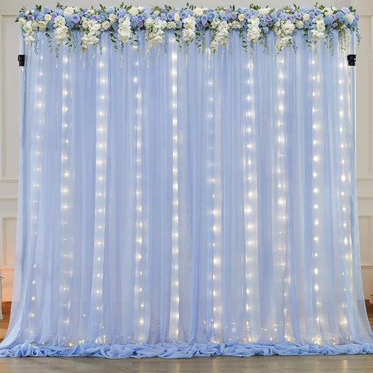 10ft x 7ft Baby Blue Chiffon Backdrop Curtain with Lights String for Parites Wedding Light Blue Curtain Photo Backdrop Drapes for Baby Shower Birthday Party Home Decorations