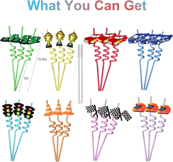 24Pcs Race Car Reusable Straws Party Decorations Birthday Party Supplies Drink Markers with 2Pcs Cleaning Brushes
