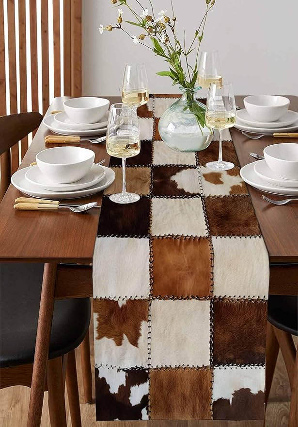 Abstract Cowhides Cotton Linen Table Runner for Dining Kitchen, Wedding Outdoor Party Tablerunners Decoration, Brown Beige Animal Fur Texture Dresser Scarf Coffee Tablecloth Runners 13x108 Inches