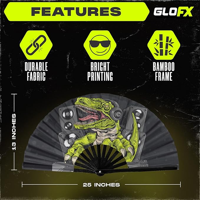 GloFX Folding Fan - DJ Dino - Large Rave Clack Folding Hand Fan for Men/Women - for EDM, Music Festival, Club, Event, Party, Dance, Performance, Decoration, Gift