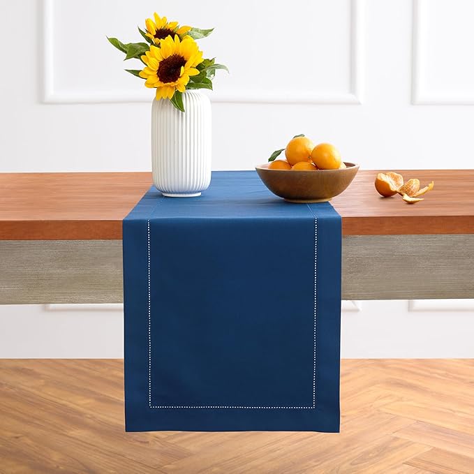 Solino Home Table Runner 90 Inches Long - Cotton Linen Hemstitch Lapis Blue Table Runner 14 x 90 Inch for Fall, Autumn