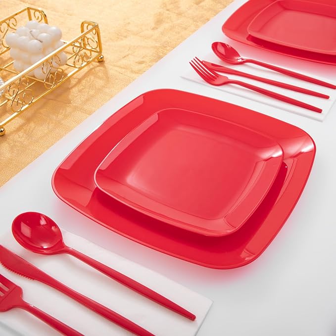 PULOTE 60PCS Red Square Plastic Plates - Red Christmas Disposable for Party Include 30 Dinner and 30 Dessert Plates for 30 Guests