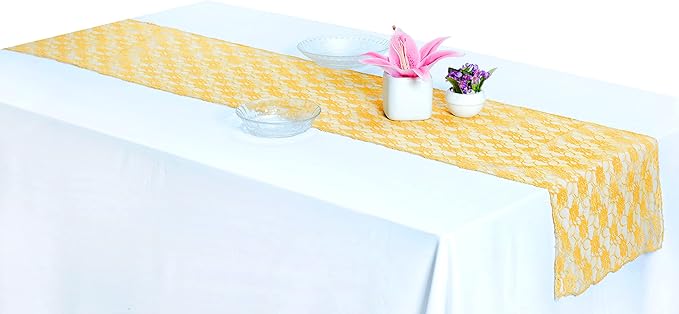 MDS Pack of 15 Wedding 12 x 108 inches Lace Table Runner for Wedding, Decorations for Birthday Parties, Banquets, Graduations, Engagements, and Runners fit Rectangle, Round Table- Yellow Gold