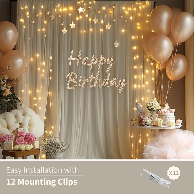 Ivory Tulle Backdrop Curtain with Lights String - 10x10ft Sheer Backdrop with 300 LEDs for Wedding, Baby Shower, Bridal Shower, Birthday Party Photo Shoot Background and Home Decorations